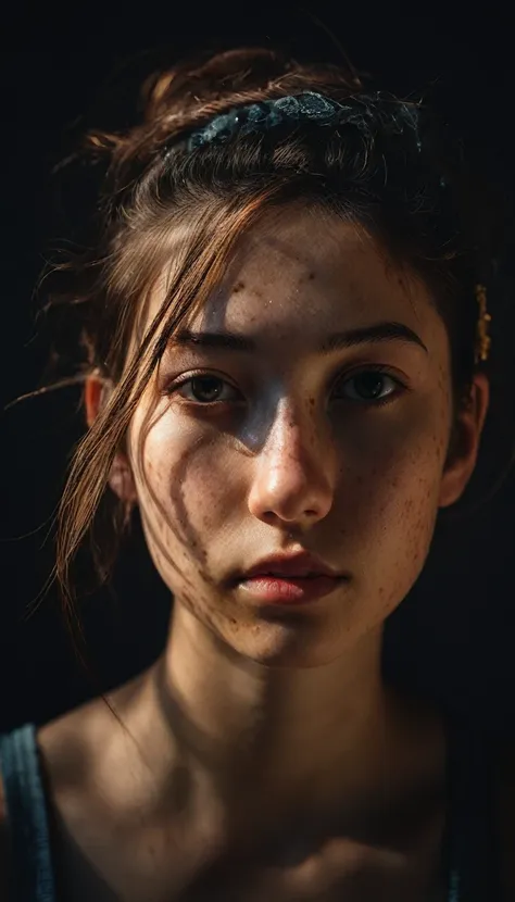 portrait of a shadowy girl in the void, highly textured imperfect acne skin, cute hair accessories, light and shadow, anti-alias...