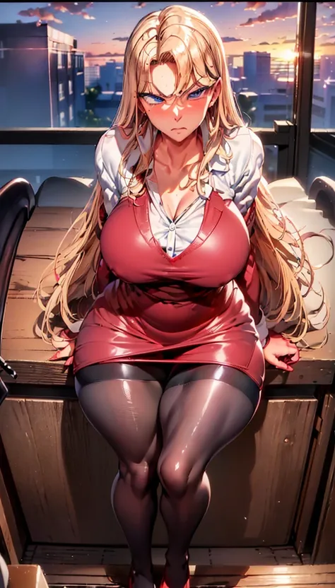 Reika Kuraskiki, Reika Kuraskiki from Saimin Seishidou, good anatomy, (blue eyes, blonde hair, red office worker outfit with red pencil skirt, white dress shirt under red office worker outfit, pantyhose, red high heels), ((big breasts, wide waist, big ass,...