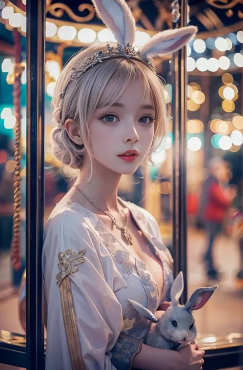 18-year-old, Wide-angle lens, Woman in ancient Greek costume、Woman enjoying merry-go-round at night,Shoulder out、thin、Serious expression、Short-haired、Deadly position, Gorgeous Necklace, Light milky porcelain skin, Smooth, Translucent white skin, Enchanting...