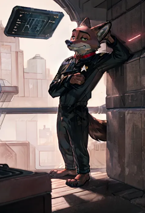 (((Barefoot furry character, full body, cinematic setting, furry male, plantigrade))) 

(((Nick Wilde))) exudes confidence and authority as he sits in the captains chair, and his (((Star Trek DS9 uniform))) with the Starfleet Delta badge on his chest is a ...