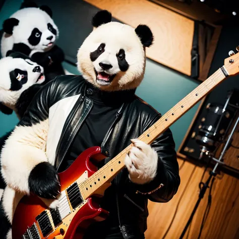 A panda wearing a leather jacket playing guitar in a studio.