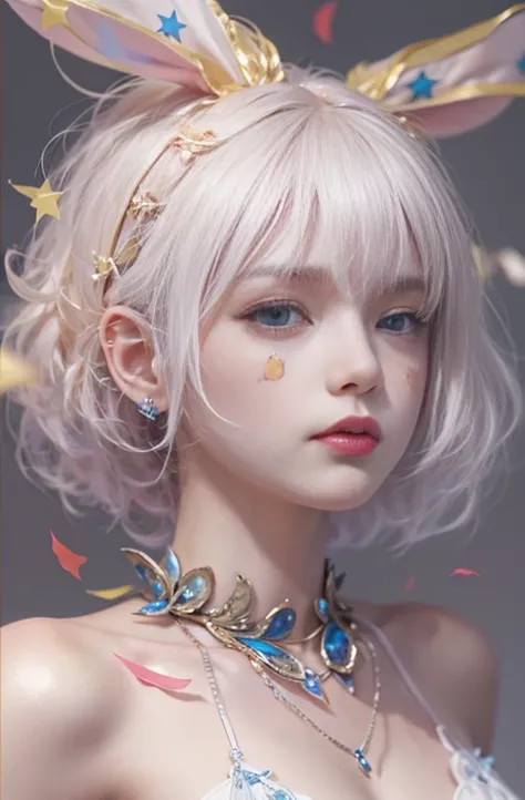 28 years old, Close-up portrait of a woman in a colorful clown costume、Shoulders out、thin、Serious expression、Short-haired、Deadly position, Gorgeous Necklace, Light milky porcelain skin, Smooth, Translucent white skin, Enchanting anime girl, Beautiful and s...