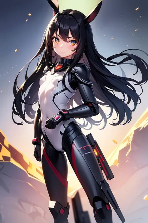 Perfect human body modeling, 1 girl, cute girl, pretty face, bitter smile, 12 years old, Beautiful black long hair, beautiful eyes, flat chest, small build, No muscles, white skin, Rabbit ears in robot style, powered armor, full armor, powered leg, metroid...