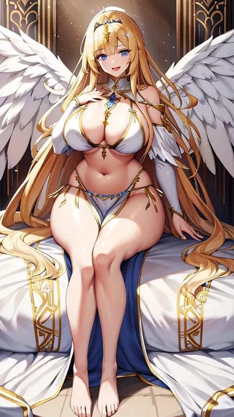 A priestess wearing a white bikini,Big-winged Valkyrie、Beautiful long legs、Thick thighaternal、Body Length、chief、Sitting on the bed、Wearing a golden tiara、Angel Wings,belly button,simple,Particles of light,Thighs,Shiny skin,Big Mouth、Perfect lighting, One a...