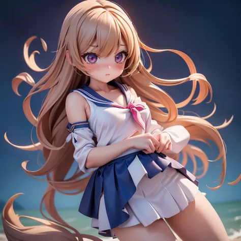 One Girl, Long Hair, barefoot, 1 Mini Giantess Mini Giantess (feminine, Lose weight, sexy, Torn clothes, Sweat), (Medium Chest: 1.5) Look down, Dynamic pose,   Sailor suit、Long skirt, Anxious face (Highly refined skin),  Detailed face, 8K Ultra HD, Soft Li...