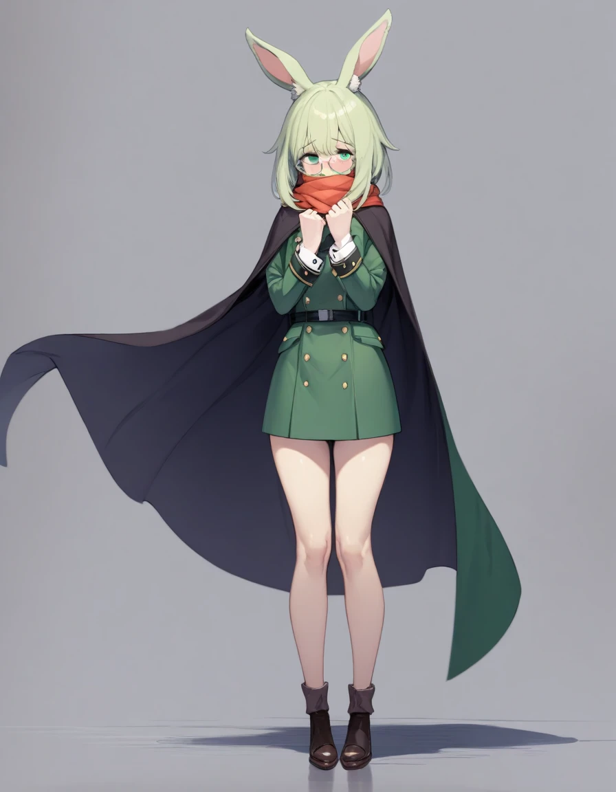 (Best Quality) , (Masterpiece) , (detailed) , rabbit girl , wide , uniform , green eyes , good body , long cape , bright Eyes , scarf , glasses , shy , alone , high , standing , whole body