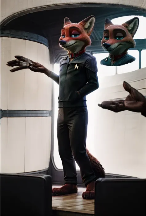 (((Barefoot furry character, full body, cinematic setting, furry male, plantigrade))) 

(((Nick Wilde))) exudes confidence and authority as he sits in the captains chair, and his (((Star Trek DS9 uniform))) with the Starfleet Delta badge on his chest is a ...