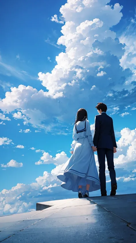 The main theme is the blue sky with white clouds floating in it.　Back view of a man and woman holding hands　Casual clothing　An illustration