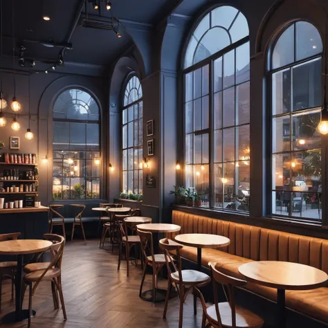 cozy coffee shop interior at night with a big window in the center