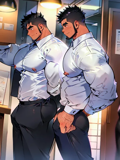 4k, masterpiece, high resolution:1.2, 2 man, solo, bara, muscular, bid physique, crew cut hair, facial hair, chest, gay, wide shoulder, big biceps, big thighs, big triceps, big butt, black hair, sexy smile, friendly, standing in an office, wearing formal t...