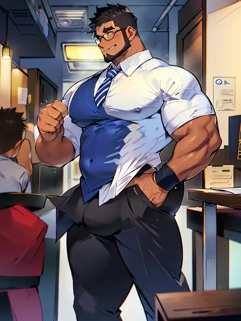 4k, masterpiece, high resolution:1.2, 2 man, solo, bara, muscular, bid physique, crew cut hair, facial hair, chest, gay, wide shoulder, big biceps, big thighs, big triceps, big butt, black hair, sexy smile, friendly, standing in an office, wearing formal t...