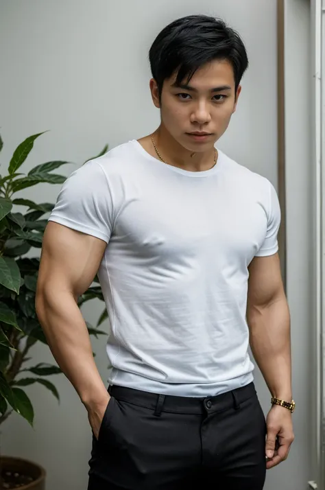 25 year old muscular Asian man, The face looks like that of an Indonesian artist., Bold and cool, Wear a tight white t-shirt., chest visible, Wear black trousers., ((in wonderland)), Pose, Photo model, Very high quality, Very high resolution,