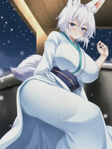 Fox ear, fox tail, white hair, short hair, blue eyes, blush, large breasts, kimono, white kimono, snow, night, looking at viewer, 