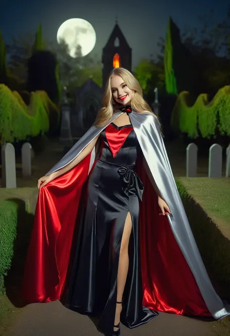 Vampyfangs1 , (RAW photo) , 2girls, cute, 20 years old, long blonde hair , smiling, look at viewer, ((((silver and red lined  satin cape tied at the neck)))+++, side spilt skirt , embracing, nighttime, standing in a moonlit graveyard , photo, realistic, be...