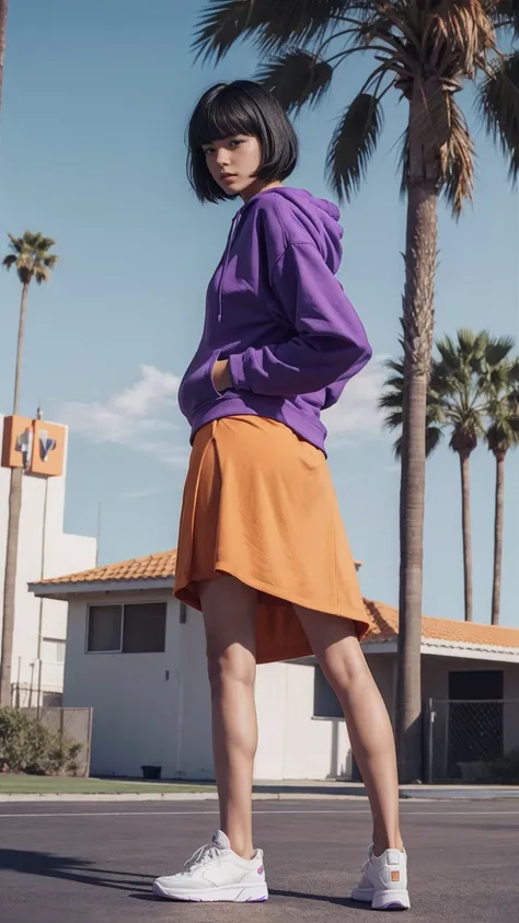 portrait of a 23 yo girl, plum body ,wear ((orange color oversized hoodie)), wear ((purple tennis skirt)),looking front,Best Quality,Masterpiece,Ultra High Resolution,(Realisticity:1.4),Original Photo, 1Girl, light leak,ultra high resolution,UHD,beautiful,...