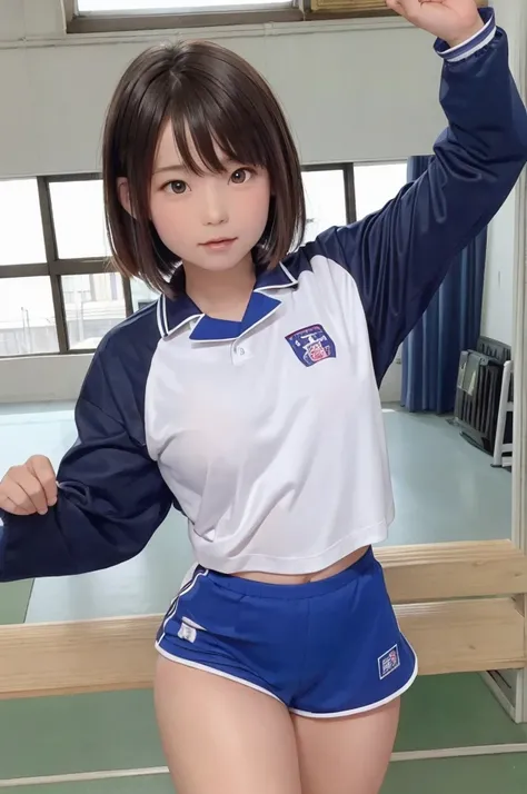 ((Highest quality)), ((masterpiece)), (Familiar), Perfect Face,Japanese,9 years old,girl,cute,Primary school students,Private elementary school,Gym suit,Bloomers,Schoolyard,アスレチックBloomers