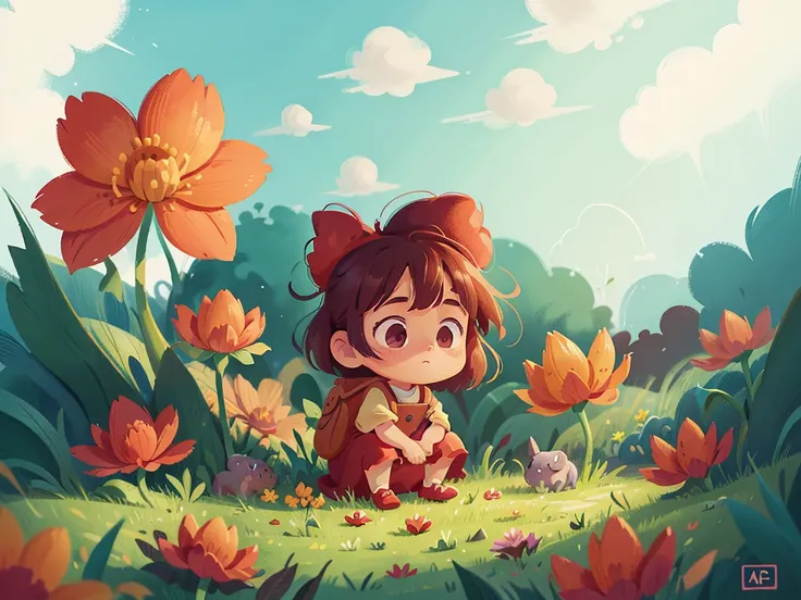 childrens illustration style，cartoon illustration，little red flower，grassland，flower