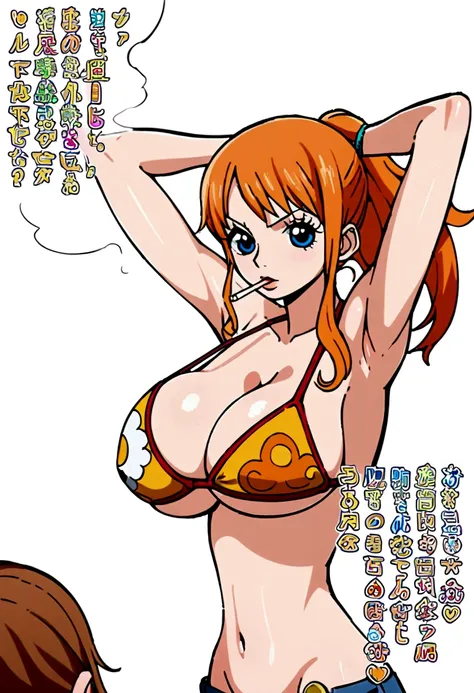 a cartoon picture of a woman in a bikini top and jeans, nami one piece, nami from one piece, nami, beautiful portrait of nami, from one piece, oppai, blue eyes, smoking, ponytail, nsfw