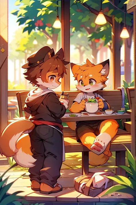 Boy with fox motif，Cafe，8K quality，