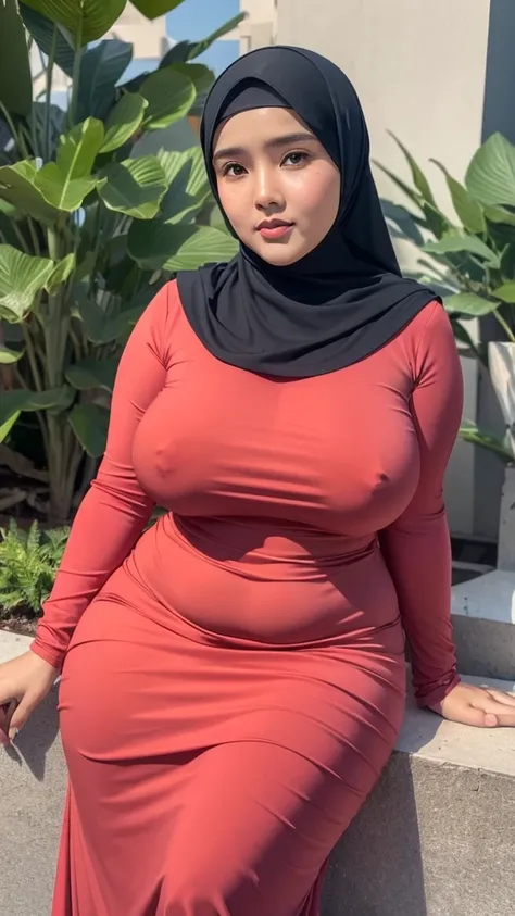 A woman muslimah indonesia 25 years old, wearing hijab, beautiful hijab, sensual poses, cubby face, cubby body, wearing long tight dress, clothes covering the body, curvy body, bbw, big breast, the day, 4k resolution, no nude, close breast 