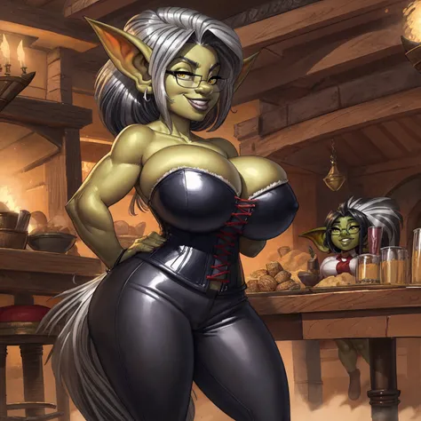 by kevinsano, by boosterpang, by jollyjack, solo, 1girl, goblin, female, older woman, (glasses:1.4), yellow eyes, (black hair:1.1), (silver streaks in hair:1.2), (green skin:1.2), (large breasts), (heavy breasts:1.2), milf, black corset, leather pants, cle...