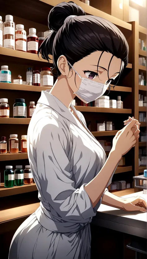 Long black hair、Hair tied back、 Dark Eyes,、 White、(((pharmacist)))、White Mask、((Bad eyes))((( Background Prescription Handing Counter)))Perfect lighting, Extremely detailed CG, (Perfect hands, Perfect Anatomy), , t