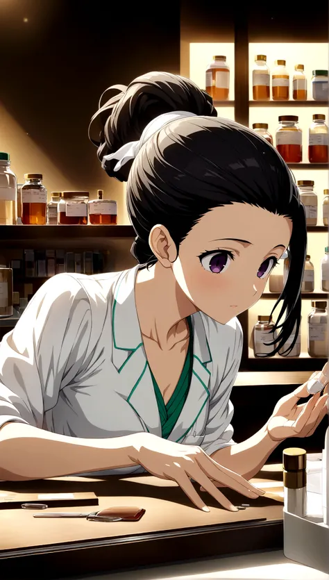 Long black hair、Hair tied back、 Dark Eyes,、 White、(((pharmacist)))、White Mask、((Bad eyes))((( Background Prescription Handing Counter)))Perfect lighting, Extremely detailed CG, (Perfect hands, Perfect Anatomy), , t