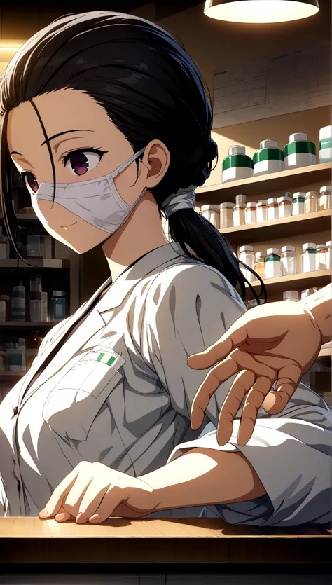 Long black hair、Hair tied back、 Dark Eyes,、 White、(((pharmacist)))、White Mask、((Bad eyes))((( Background Prescription Handing Counter)))Perfect lighting, Extremely detailed CG, (Perfect hands, Perfect Anatomy), , t