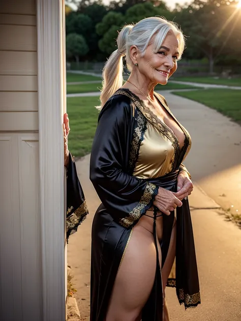 Mature old woman 80 years with white hair, ponytail, plus size, old face and body with many wrinkles, loose skin, smiling standing at the yard at sunset posing for photo, She wearing satin black robe with gold pattern and white lace stockings side view. ja...