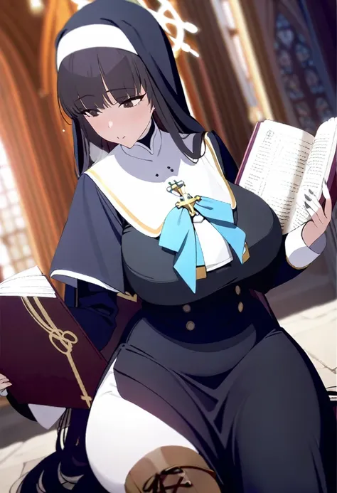 1 girl, (masterpiece), best quality, expressive eyes, perfect face, large nun skirt, capelet, black hair, long hair, black eyes, chubby, giant breats, big hips, curvy, blunt bangs, tall, brown boots, sitting reading a bible