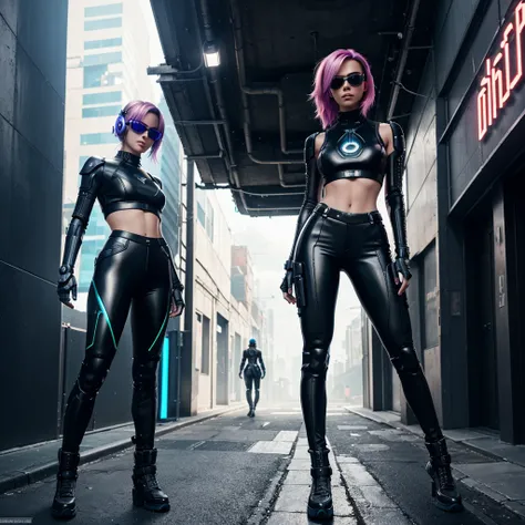 Generate an image of a highly detailed, futuristic cyberpunk female character standing confidently in an urban alley. The character should have long, flowing, pastel-colored hair and be wearing a high-tech, fitted outfit that combines elements of sleek bla...