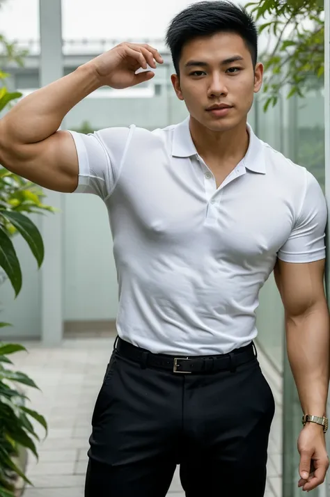 25 year old muscular Asian man, The face looks like that of an Indonesian artist., Bold and cool, Wear a tight white polo shirt., chest visible, Wear black trousers., ((in wonderland)), Pose, Photo model, Very high quality, Very high resolution,