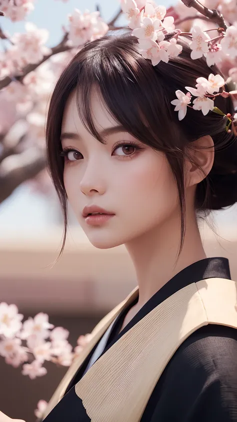 (Samurai Girl, (background fantasy cherry blossoms)Resolution, Unity, (Figure:0.8), (Fantasy cherry blossoms)(Detailed and beautiful), Highly detailed face, Perfect lighting, Highly detailed CG, (Perfect hands, Perfect anatomy),