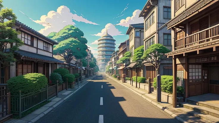 anime scenery of a street with a lot of buildings and plants, anime background art, studio ghibli sunlight, beautiful anime scene, japanese street, beautiful anime scenery, anime scenery, japanese town, anime beautiful peace scene, anime scenery concept ar...