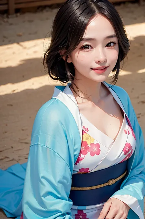 A beautiful smiling woman in a kimono in the sunlit desert