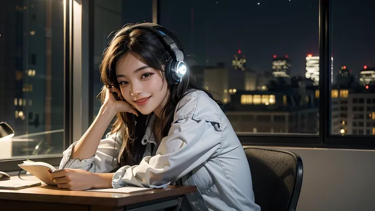 Best picture quality, Masterpiece, Ultra high resolution, (Fidelity: 1.4), Photography, One girl, Reading at desk, Headphones, Smiling, Night, Night view