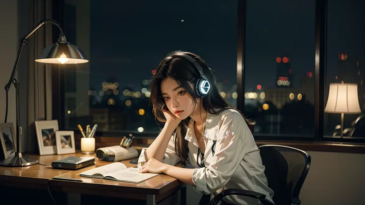 Best picture quality, Masterpiece, Ultra high resolution, (Fidelity: 1.4), Photography, One girl, Reading at desk, Headphones,Night, Night view