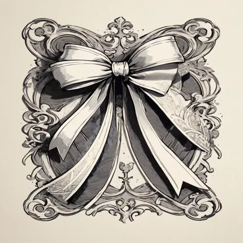 There is a picture of a bow with a ribbon., ornamental bow, Exquisite ink painting, Ink Artwork, Very fine line drawing, Masterpiece Ink Illustrations, Ink illustration with shadows, Highly detailed line art, Art Nouveau ink illustrations, Detailed ink ill...