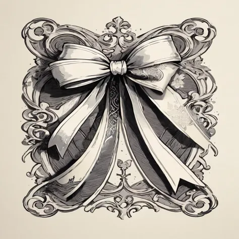 There is a picture of a bow with a ribbon., ornamental bow, Exquisite ink painting, Ink Artwork, Very fine line drawing, Masterpiece Ink Illustrations, Ink illustration with shadows, Highly detailed line art, Art Nouveau ink illustrations, Detailed ink ill...