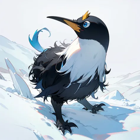 Full body version, green cassowary mixed with baby penguin, blue gold eyes, has long horns, , Grassroots in snow