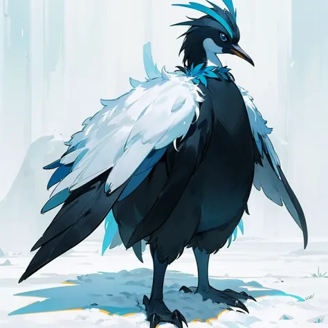 Full body version, green cassowary mixed with penguin, blue blue eyes, has long horns, , Grassroots in snow