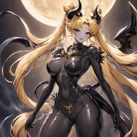 ((Highest quality)), ((masterpiece)), (detailed), （Perfect Face）、The woman is naked and is the bride of the Demon King, the Dark Queen of the Black Moon Clan, the Demon Queen, Devil Queen Serenity, and is wearing a shiny black full-body bodysuit decorated ...