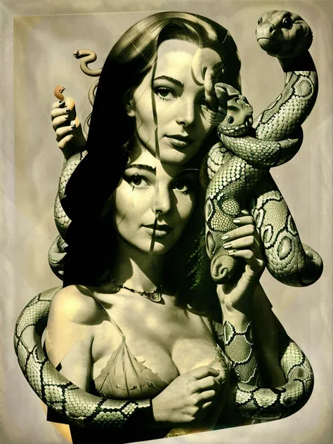 a collage of a woman with Apfel und with a Snake in the background