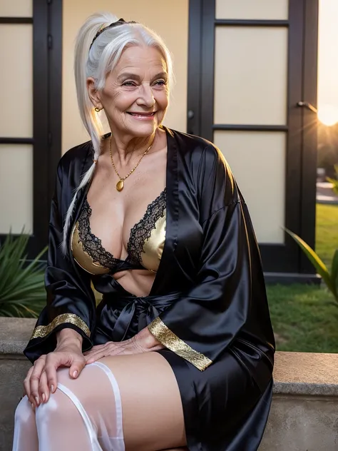 Mature old woman 80 years with white hair, ponytail, plus size, old face and body with many wrinkles, loose skin, smiling sitting at the yard at sunset posing for photo, She wearing satin black robe with gold pattern and white lace stockings side view. jaw...