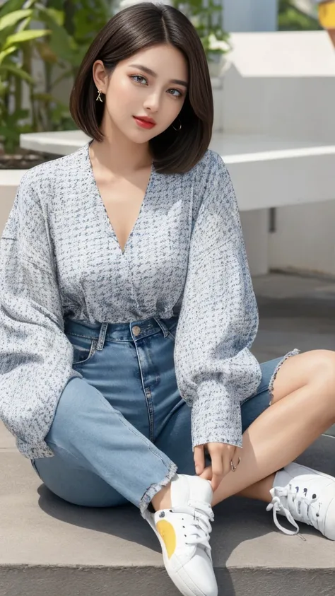 Create a closeup image, photorealistic image of Ariesta Wijaya, a stylish 22-year-old Indonesian woman, capturing her unique beauty as she enjoys the vibrant energy of Jakarta. She possesses a youthful glow with clear, porcelain-like skin, a coveted look a...