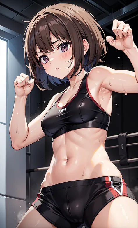 (One girl)、Serious face、Dark brown short hair、Female professional wrestler、Female Fighter、Martial Arts、Fighting Pose、Belly button exposed、Sweat