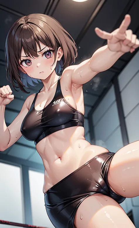 (One girl)、Serious face、Dark brown short hair、Female professional wrestler、Female Fighter、Martial Arts、Fighting Pose、Belly button exposed、Sweat