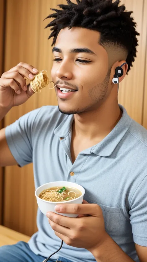 A young man eating ramen noodles, wearing earphones