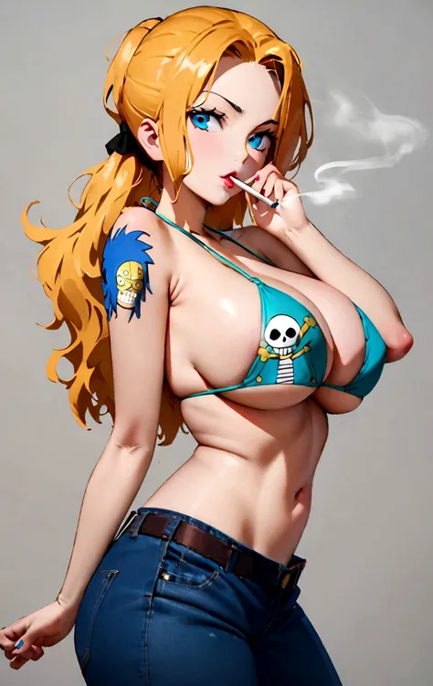 Cartoon photo of a woman in a bikini top and jeans, we one piece, we From 1 piece, we, beautiful portrait of we, From 1 piece, tits, blue eyes, smoking, ponytail, Browsing Caution (nswf:1.5)