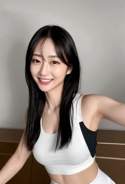 １people、Delicate skin quality、日本people、((Highest quality, 4K, Masterpiece: 1.3)), Beautiful style: 1.4, Long black hair, White short tank top, Large Breasts, Wet body, Sweaty, Place your arms on your hips, smile, Teacher Outfit, Highly detailed face and sk...